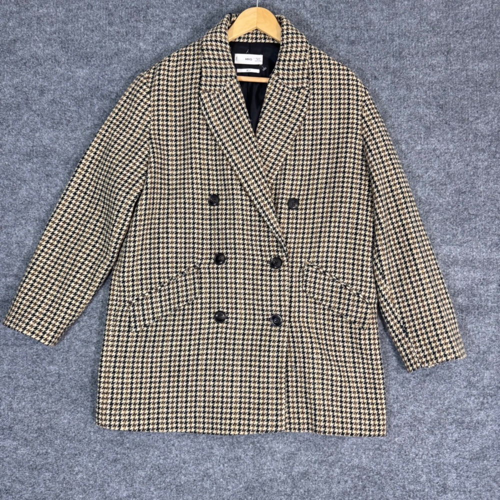 MNG Mango Houndstooth Double Breasted Blazer Coat Womens L Brown Wool Blend EUC
